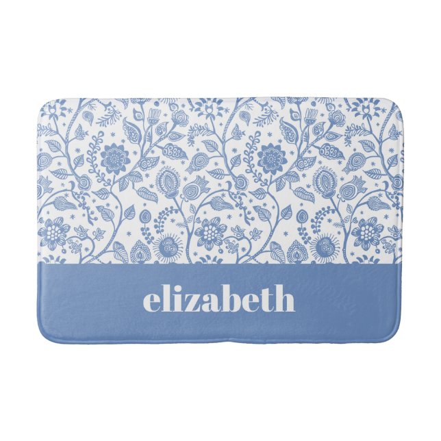Blue and White Floral Custom Name Botanical Modern Bath Mat (Front)