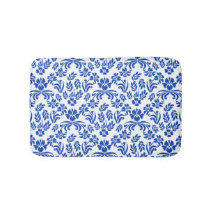 Blue and White Floral Damask Bath Mat
