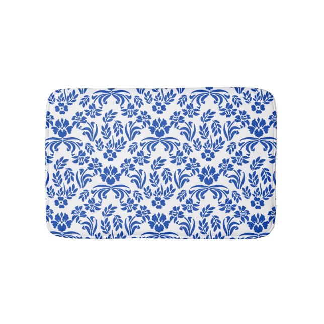 Blue and White Floral Damask Bath Mat (Front)