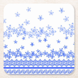 Blue and White floral design, Square Paper Coaster