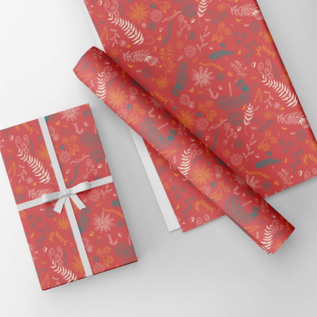 Blue and white Floral doodles on red Wrapping Paper Sheet (Creator Uploaded)