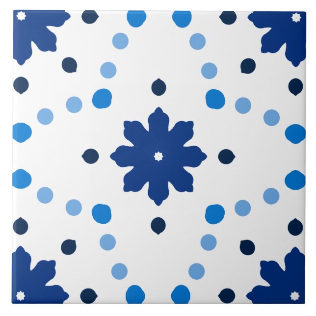 Blue and White Floral Dot Pattern Tile (Front)