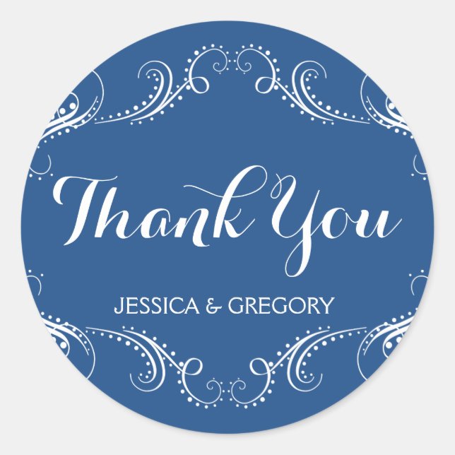 Blue And White Floral Frame Thank You Classic Round Sticker (Front)