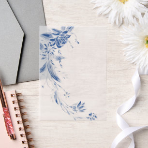 Blue and white floral garland wedding vellum invitations