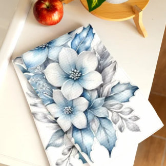Blue and White Floral Kitchen Towel, Elegant Blue Towel