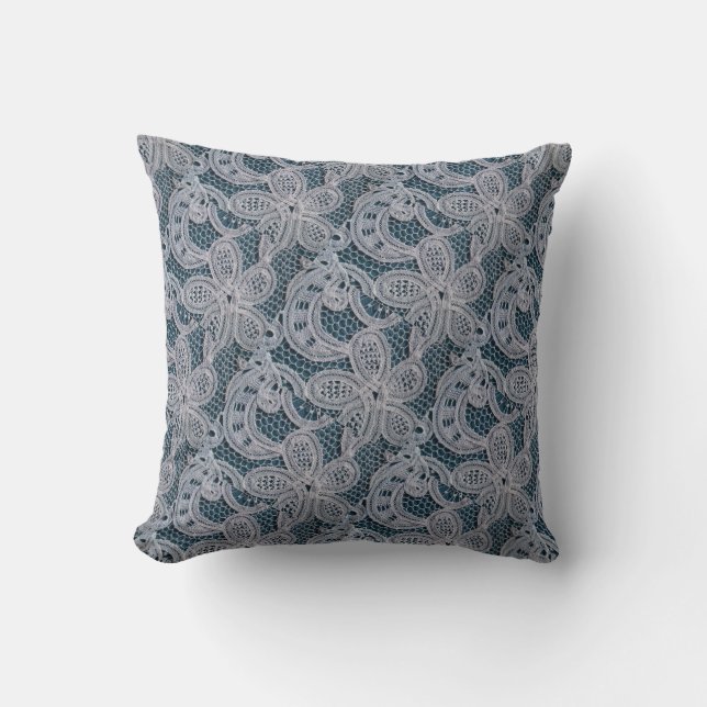  Blue and White Floral Lace Throw Pillow (Front)