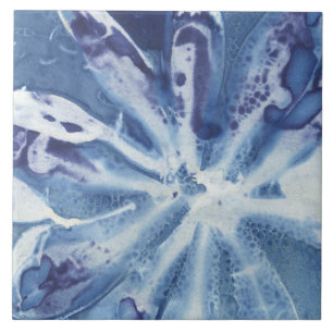 Blue and White Floral Magnolia Petals Cyanotype Tile