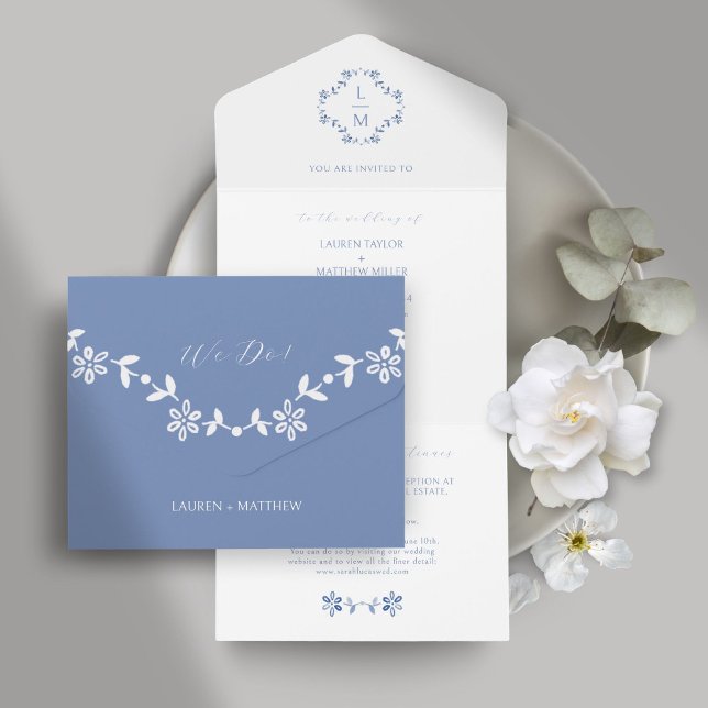 Blue and White Floral Monogram All In One Invitation (Creator Uploaded)