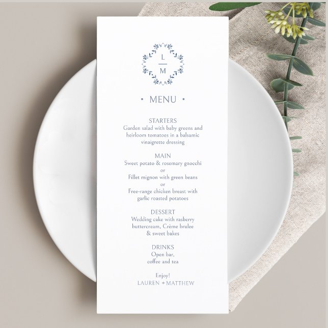 Blue and White | Floral Monogram Flat Wedding Menu (Creator Uploaded)