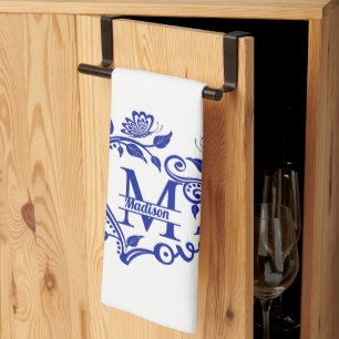 Blue and White Floral Monogram M  Kitchen Towel