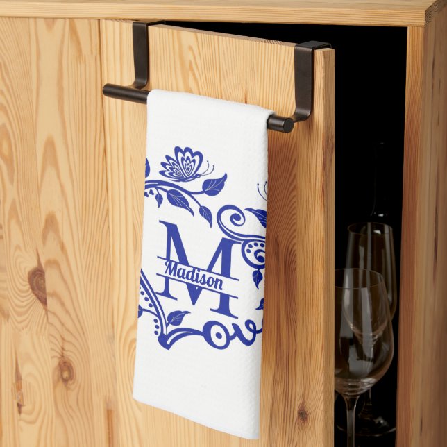 Blue and White Floral Monogram M  Kitchen Towel (Thirds Fold)