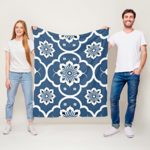 Blue and White floral Mosaic pattern Fleece Blanket
