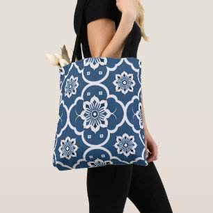 Blue and White floral Mosaic pattern Tote Bag
