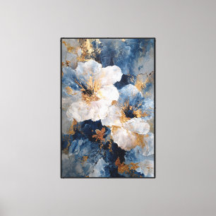 Blue and White Floral Painting with Gold Accents Canvas Print