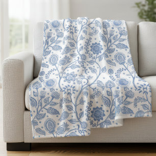Blue and White Floral Pattern Botanical Boho Chic Fleece Blanket