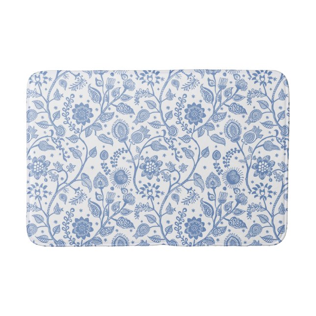 Blue and White Floral Pattern Botanical Whimsical Bath Mat (Front)