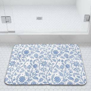 Blue and White Floral Pattern Botanical Whimsical Bath Mat