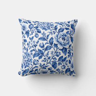 Blue and White Floral Pattern Throw Pillow