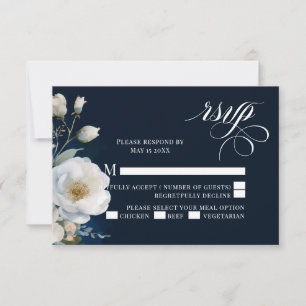Blue and White Floral Peony Wedding Design RSVP Card