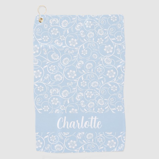 Blue And White Floral Personalized Name Women Golf Towel (Front)