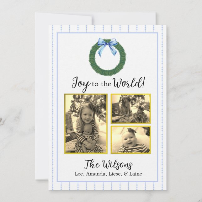 Blue and White Floral Photo Christmas Card (Front)