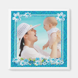 Blue and White Floral Photo Frame Magnet