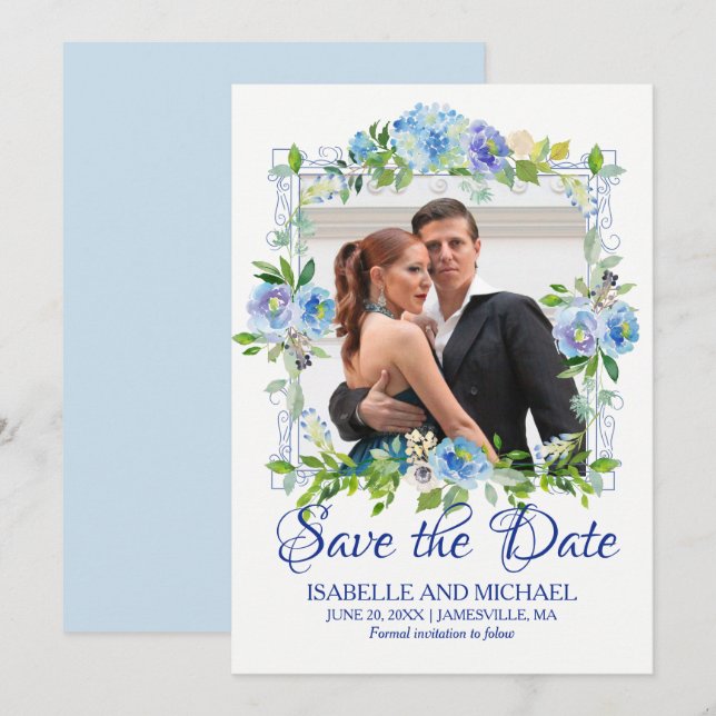 Blue and White Floral Photo Save the Date Card (Front/Back)