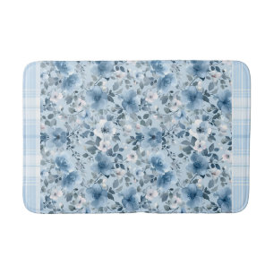 Blue and White Floral Plaid  Bath Mat