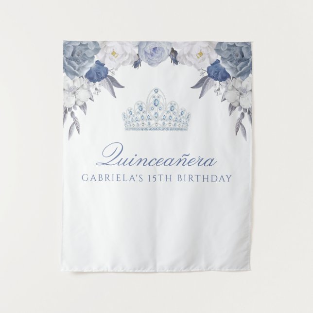 Blue and White Floral | Quinceanera backdrop Tapestry (Front)