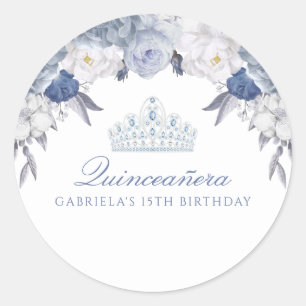 Blue and White Floral Quinceanera Classic Round Sticker