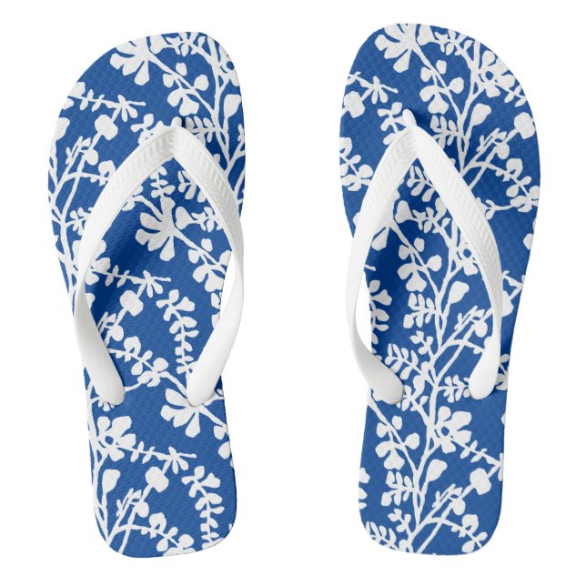 Blue And White Floral Repeating Pattern Flip Flops (Footbed)