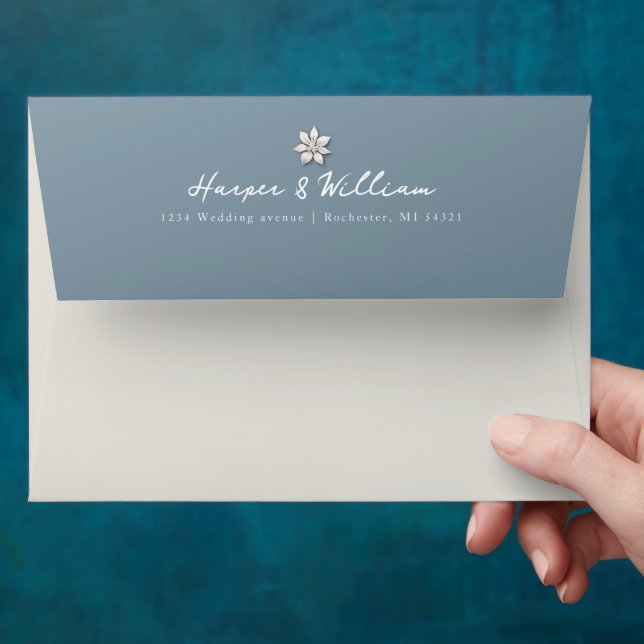 Blue and white floral return address wedding envelope (Hand)