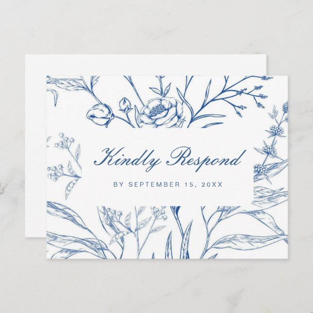 Blue and White Floral Rsvp with Script Meal Choice Invitation Postcard (Front/Back)