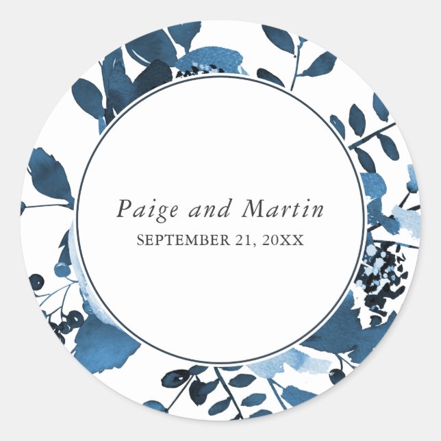 Blue and White Floral Save the Date Wedding Classic Round Sticker (Front)
