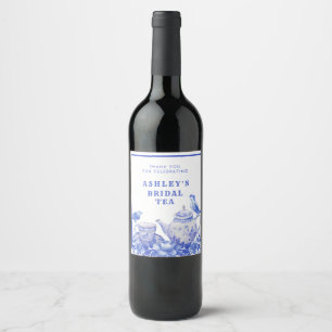 Blue and White Floral Tea Pot   Bridal Shower Wine Label