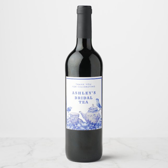 Blue and White Floral Tea Pot | Bridal Shower Wine Label (Front)