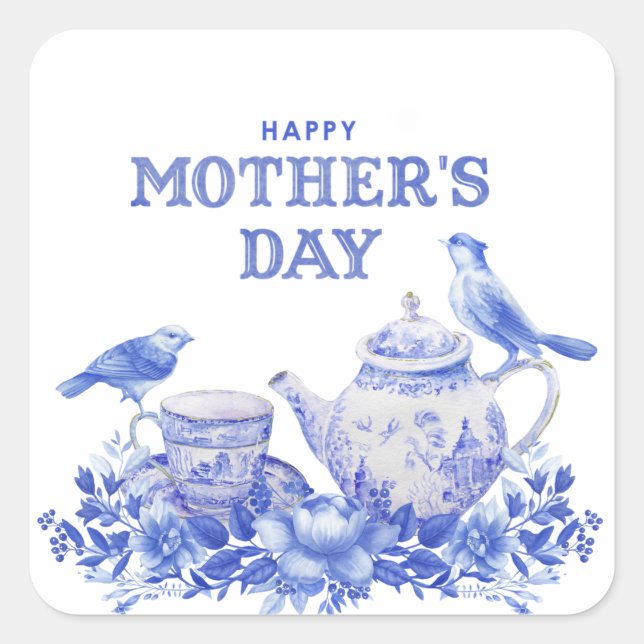 Blue and White Floral Tea Pot | Mother's Day  Square Sticker (Front)