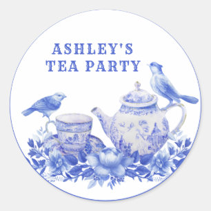 Blue and White Floral Tea Pot with Birds  Classic  Classic Round Sticker