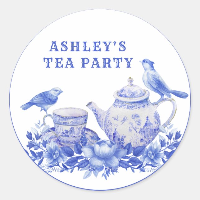 Blue and White Floral Tea Pot with Birds  Classic  Round Sticker (Front)