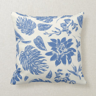 Blue and White Floral Throw Pillow