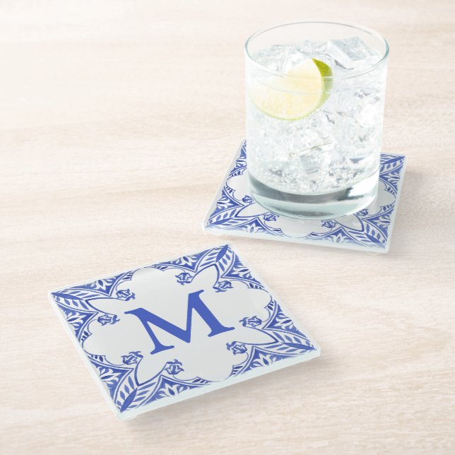 Blue and White Floral Tile Monogram Glass Coaster (Angled)
