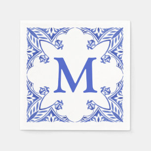 Blue and White Floral Tile Monogram Napkins