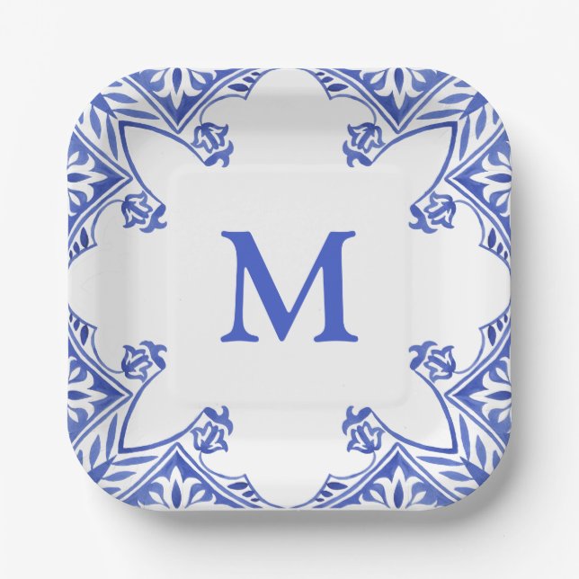 Blue and White Floral Tile Monogram Napkins Paper Plate (Front)