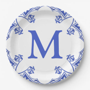 Blue and White Floral Tile Monogram Paper Plate