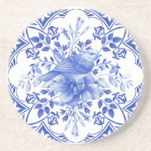 Blue and White Floral Tile with Bird Coaster