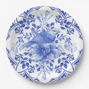Blue and White Floral Tile with Bird Paper Plate
