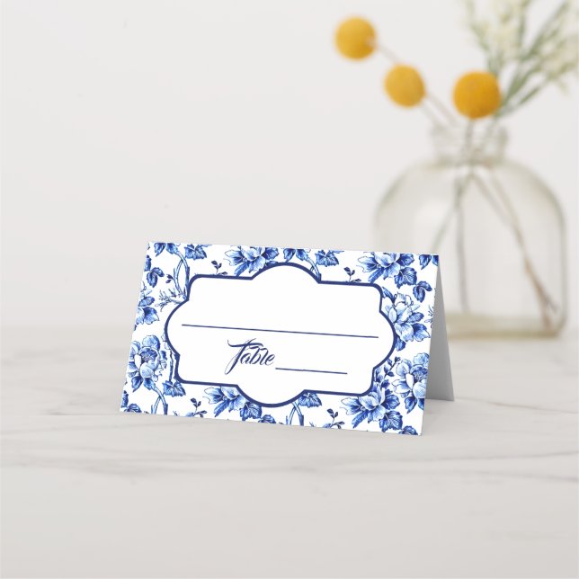 Blue and White Floral Toile Wedding Place Card (Front)