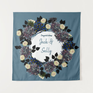 Blue and white floral wedding backdrop tapestry