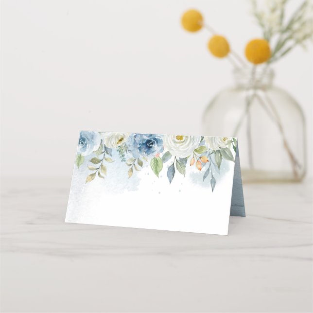 Blue and White Floral Wedding Folded Place Card (Front)