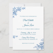 Blue and White Floral Wedding Invitation